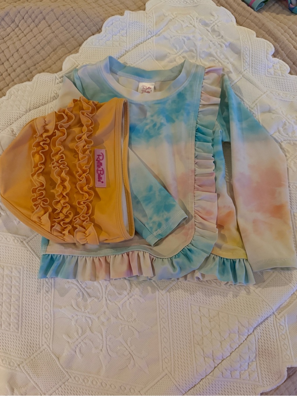 Ruffle Butts Pastel Tie-Dye Ruffle Rash Guard & Peach Bikini Bottoms - Picture 2 of 8